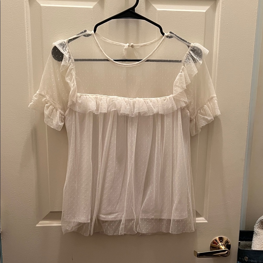 White House Black Market Sheer White Ruffle Blouse